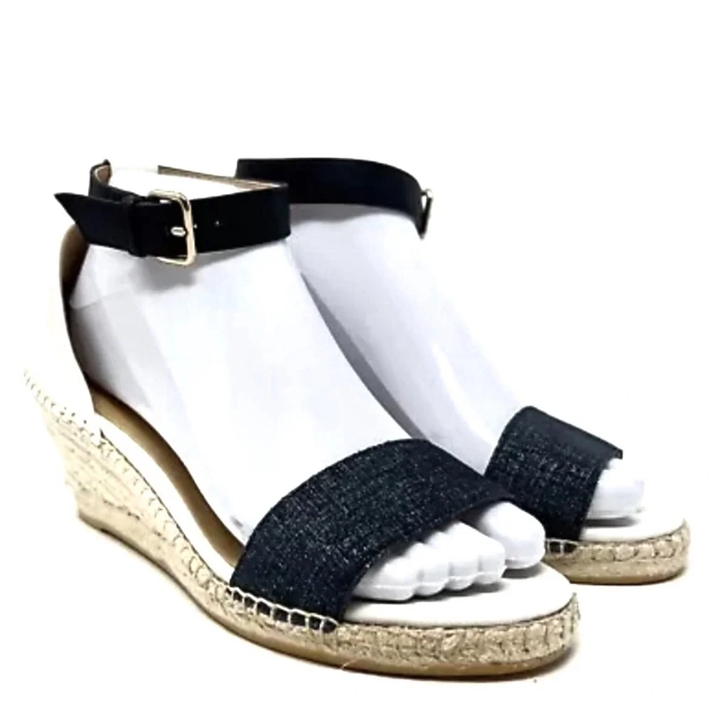 Talbots Navy White Espadrille Sandals with Ankle Strap Leather Canvas Size 6.5